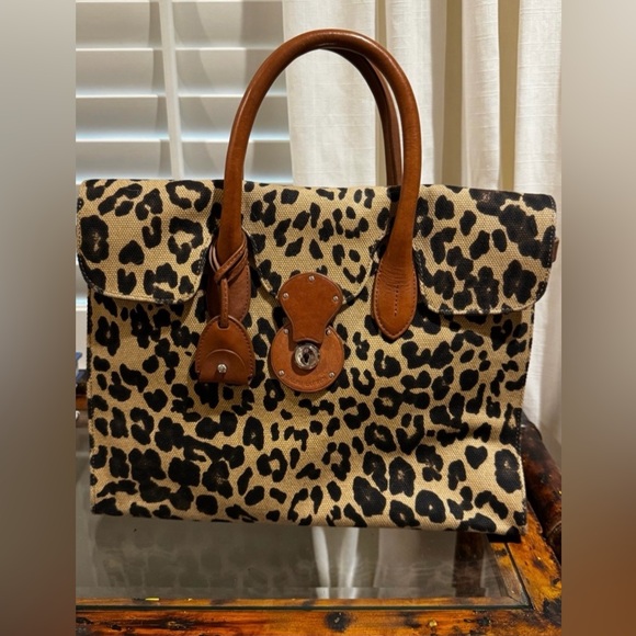 Ralph Lauren Ricky Bag. Leopard Print, Canvas Tote with Brown Leather Trim. - Picture 2 of 7